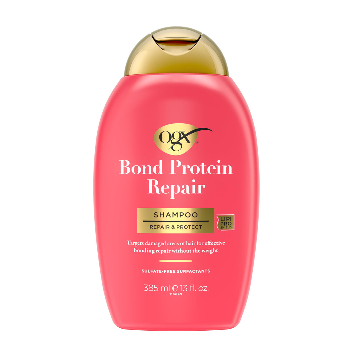 OGX Repair Bond Shampoo bottle showing 13 oz size for light cleansing of damaged hair