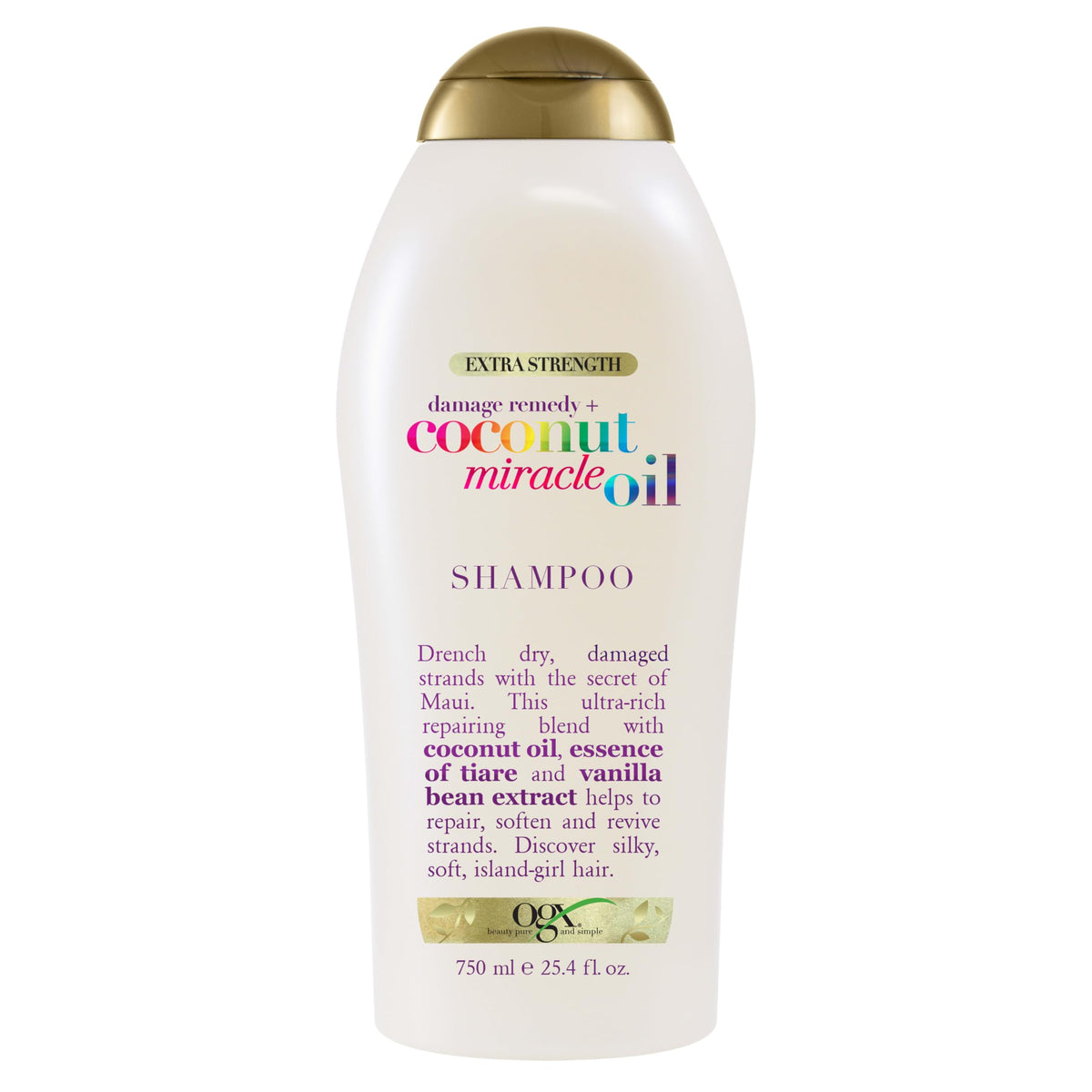 OGX Reparación de daño con champú Coco Milagroso en botella, devuelve suavidad y brillo al cabello dañado.