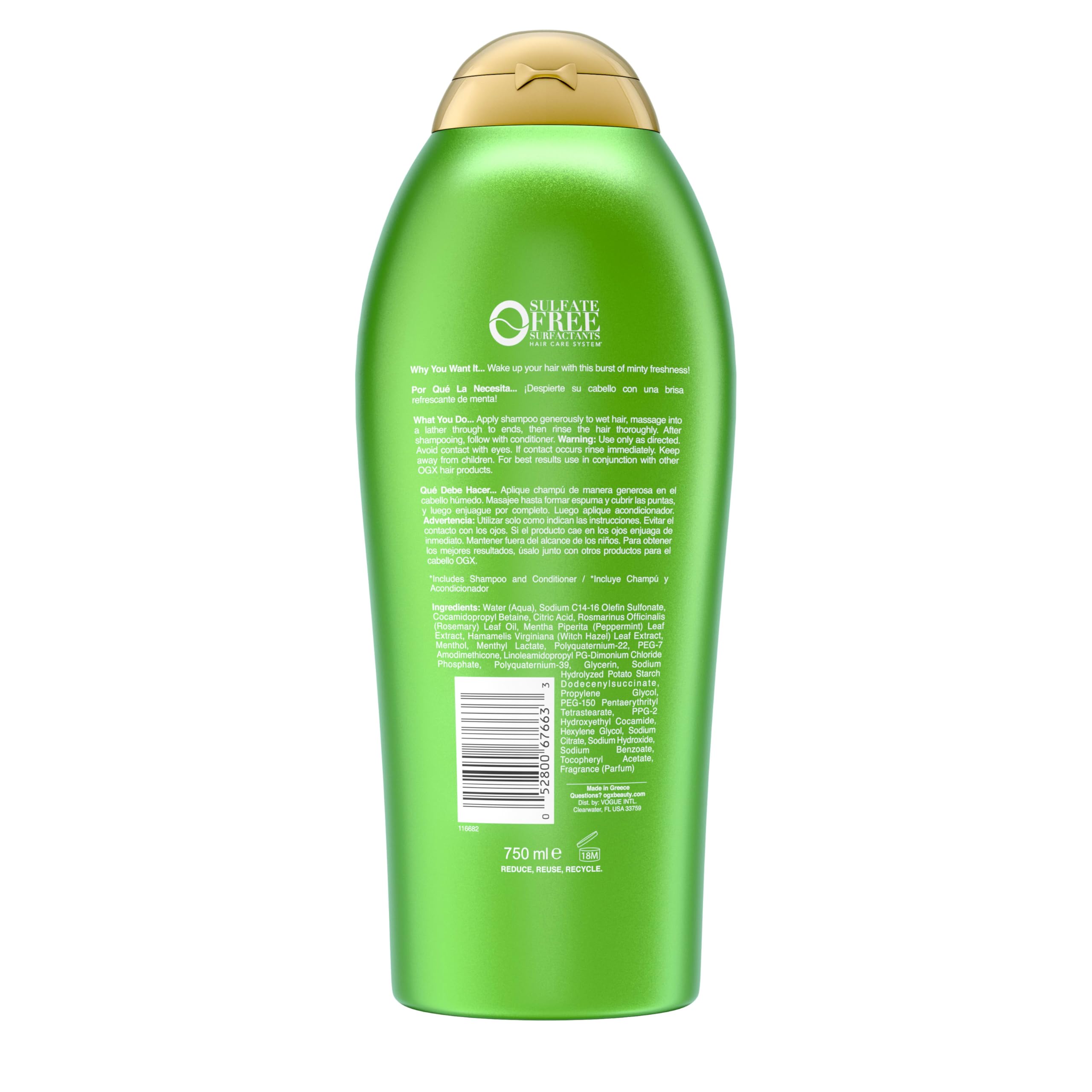 Tratamiento suave con hamamelis en OGX Rosemary Mint Champú para cuero cabelludo limpio.