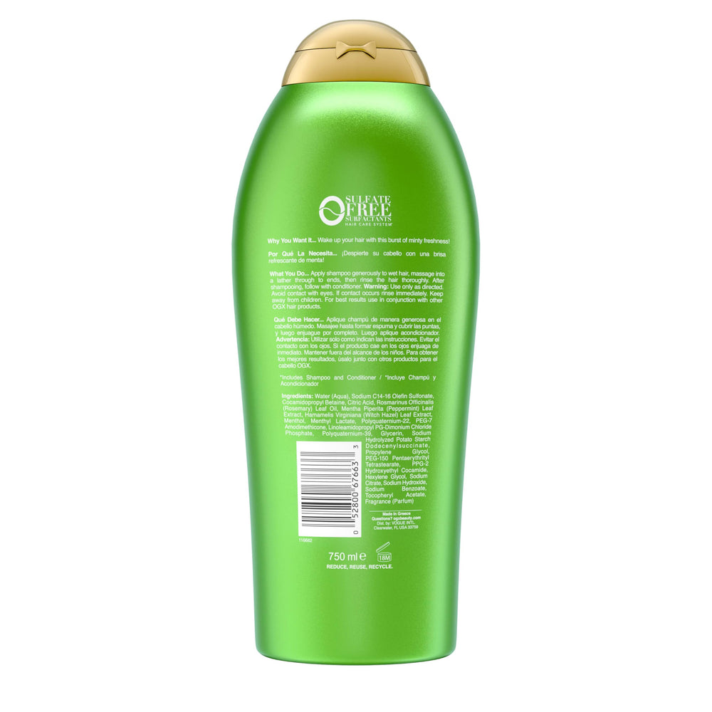 Tratamiento suave con hamamelis en OGX Rosemary Mint Champú para cuero cabelludo limpio.