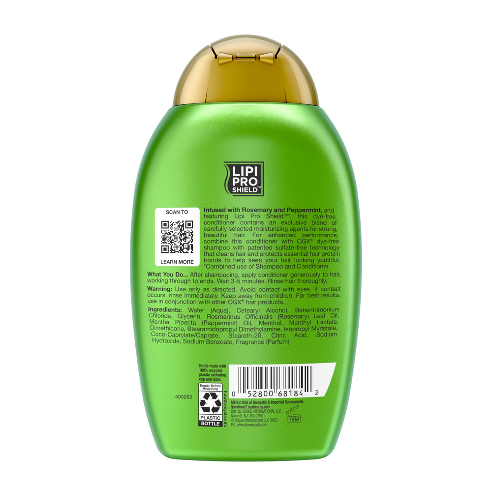 Well organized bathroom shelf featuring OGX Rosemary Mint Conditioner