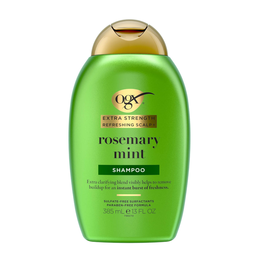 OGX Rosemary Mint Shampoo bottle shows refreshing, clarifying formula for oily hair