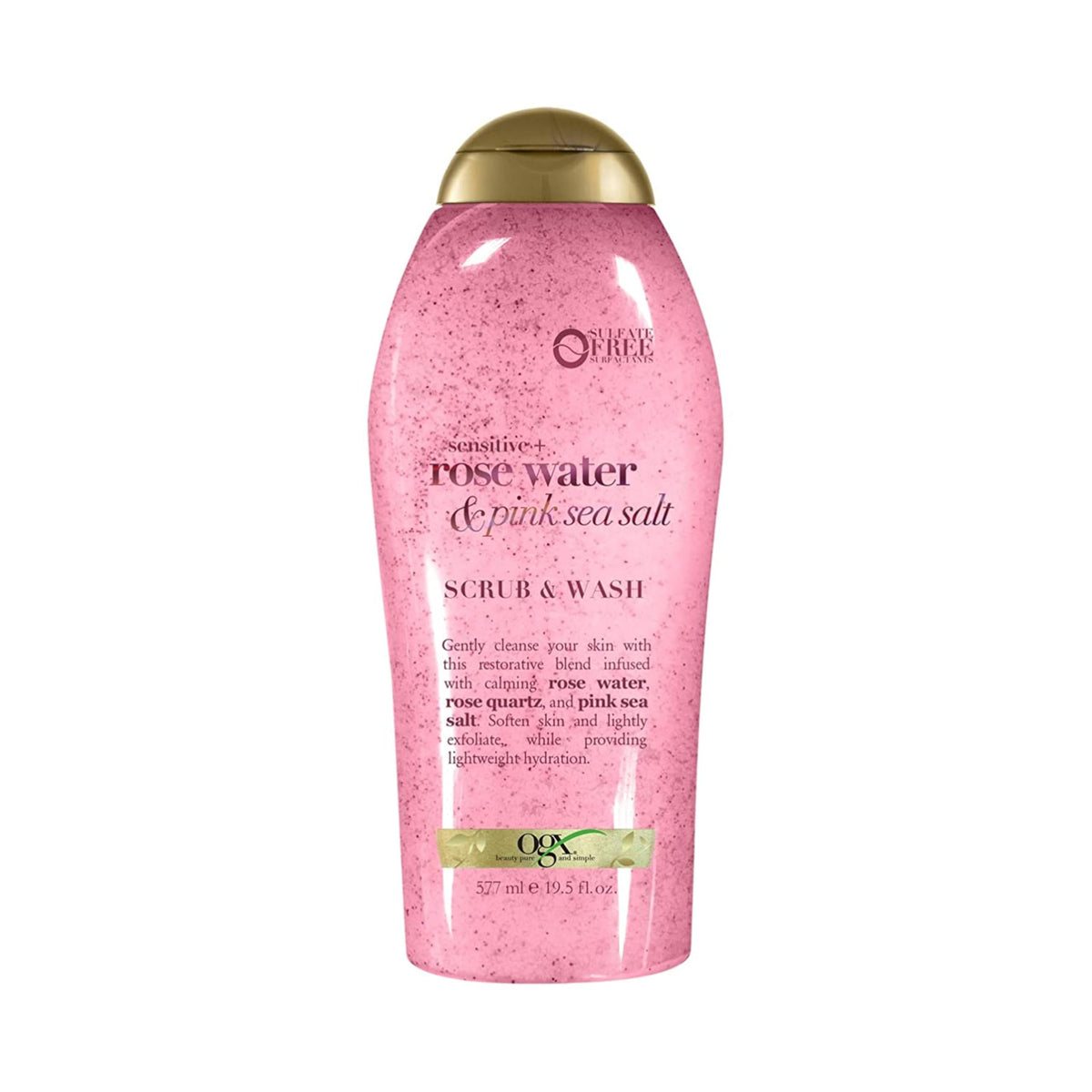 OGX Sensitive Rose Water bottle with pink sea salt offering a gentle cleanse