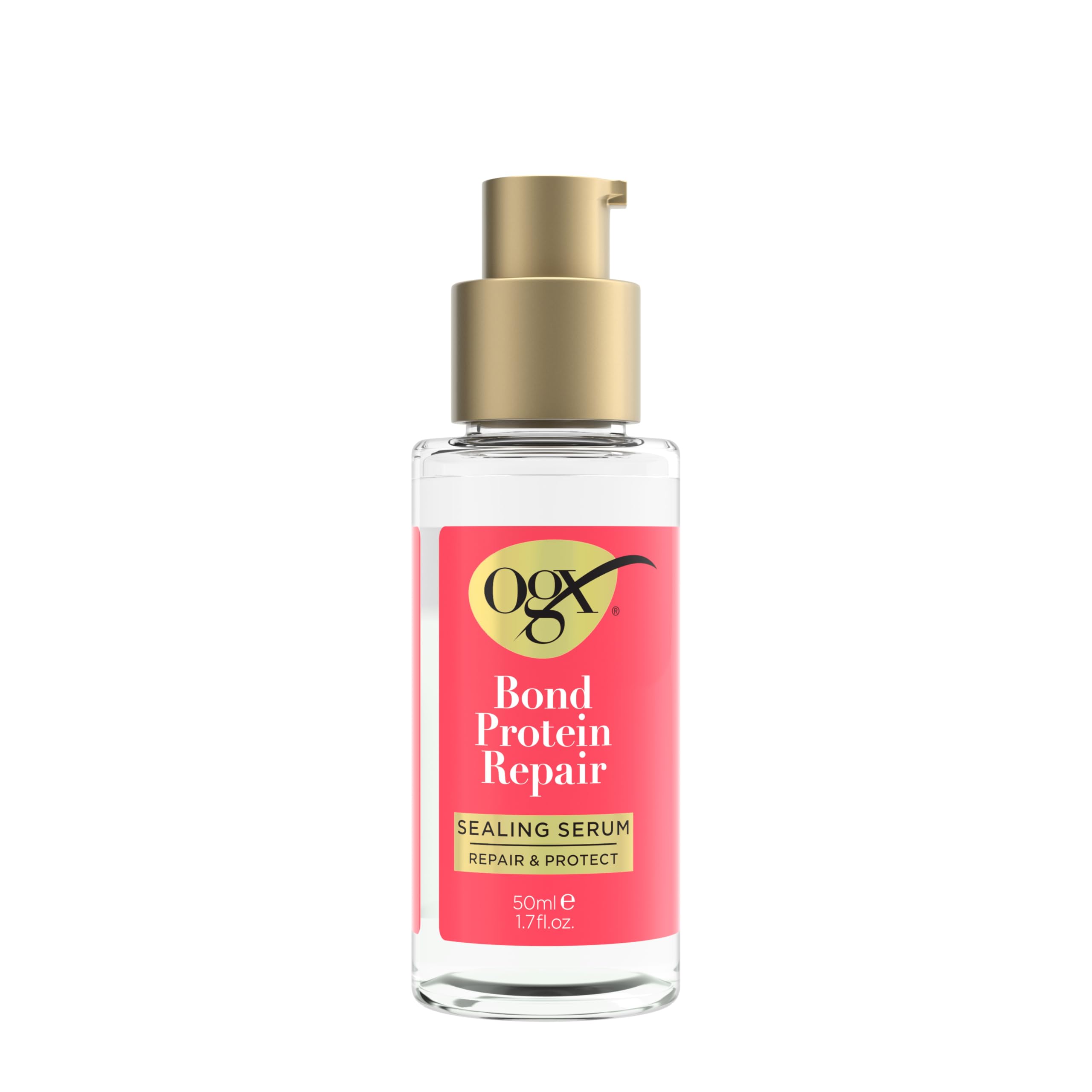 OGX Serum Sellador de Reparación de Enlaces con Proteína, botella visible, mejora la reparación y fortalecimiento.