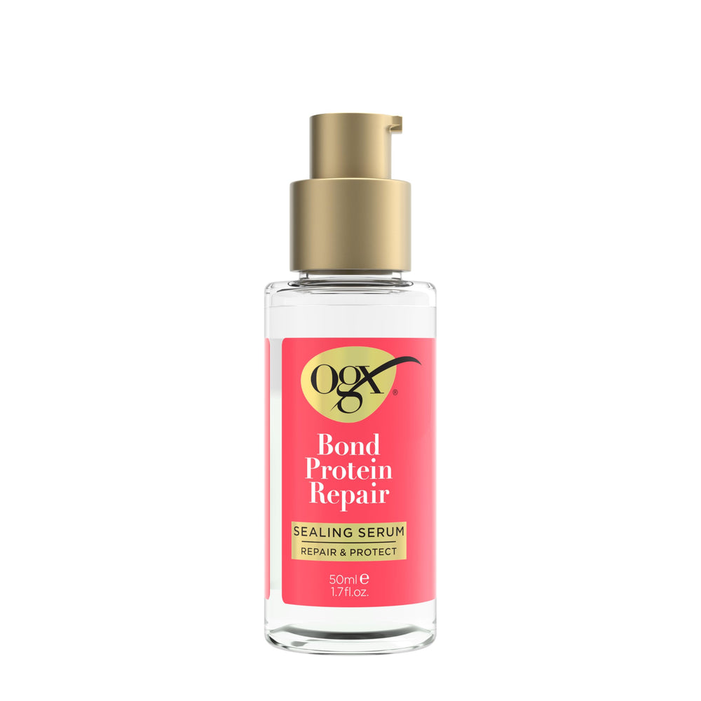 OGX Serum Sellador de Reparación de Enlaces con Proteína, botella visible, mejora la reparación y fortalecimiento.