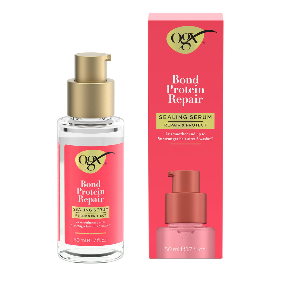 OGX Serum, textura cremosa en primer plano, listo para aplicar y suavizar el cabello.