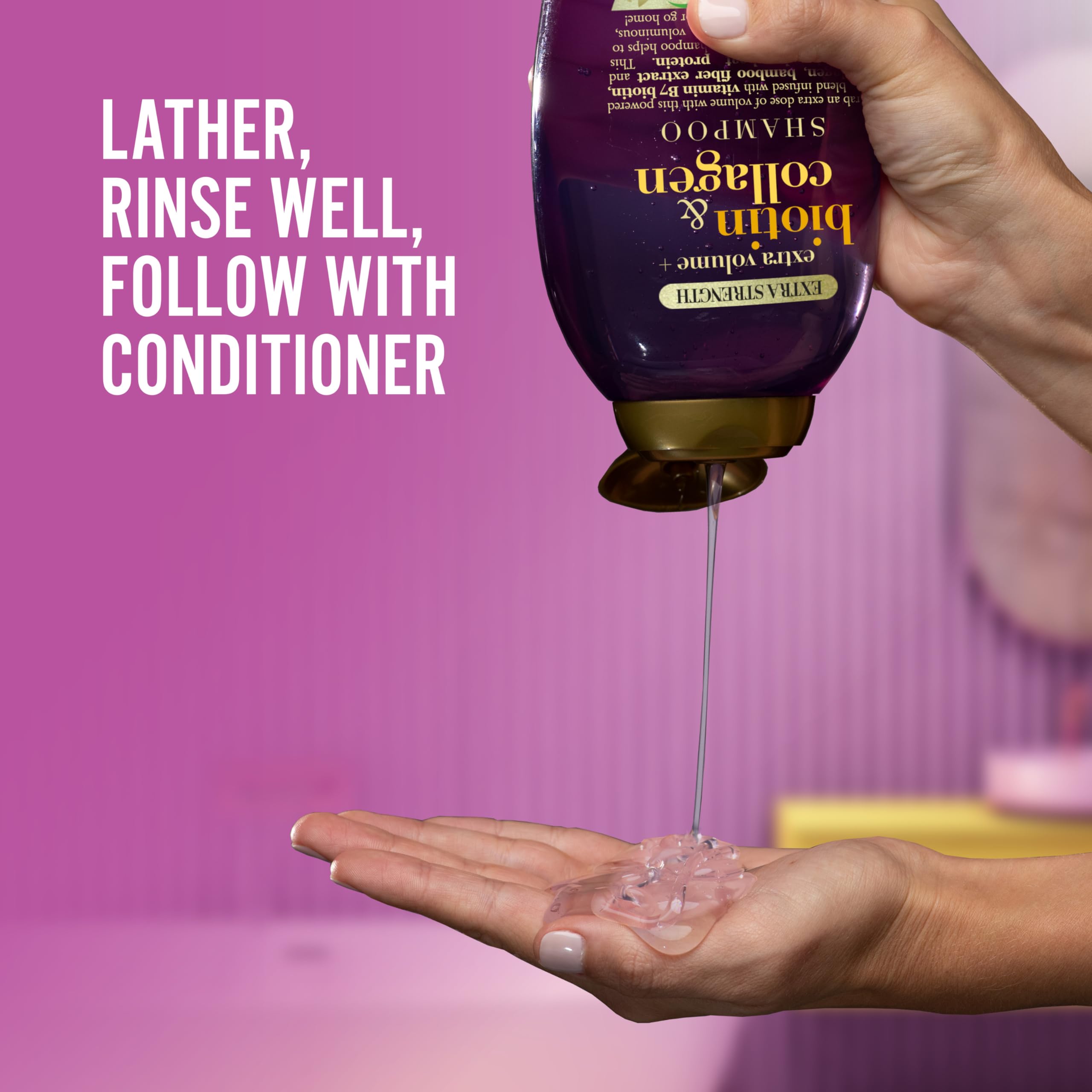 OGX shampoo bottle on bathroom shelf ready for daily use.