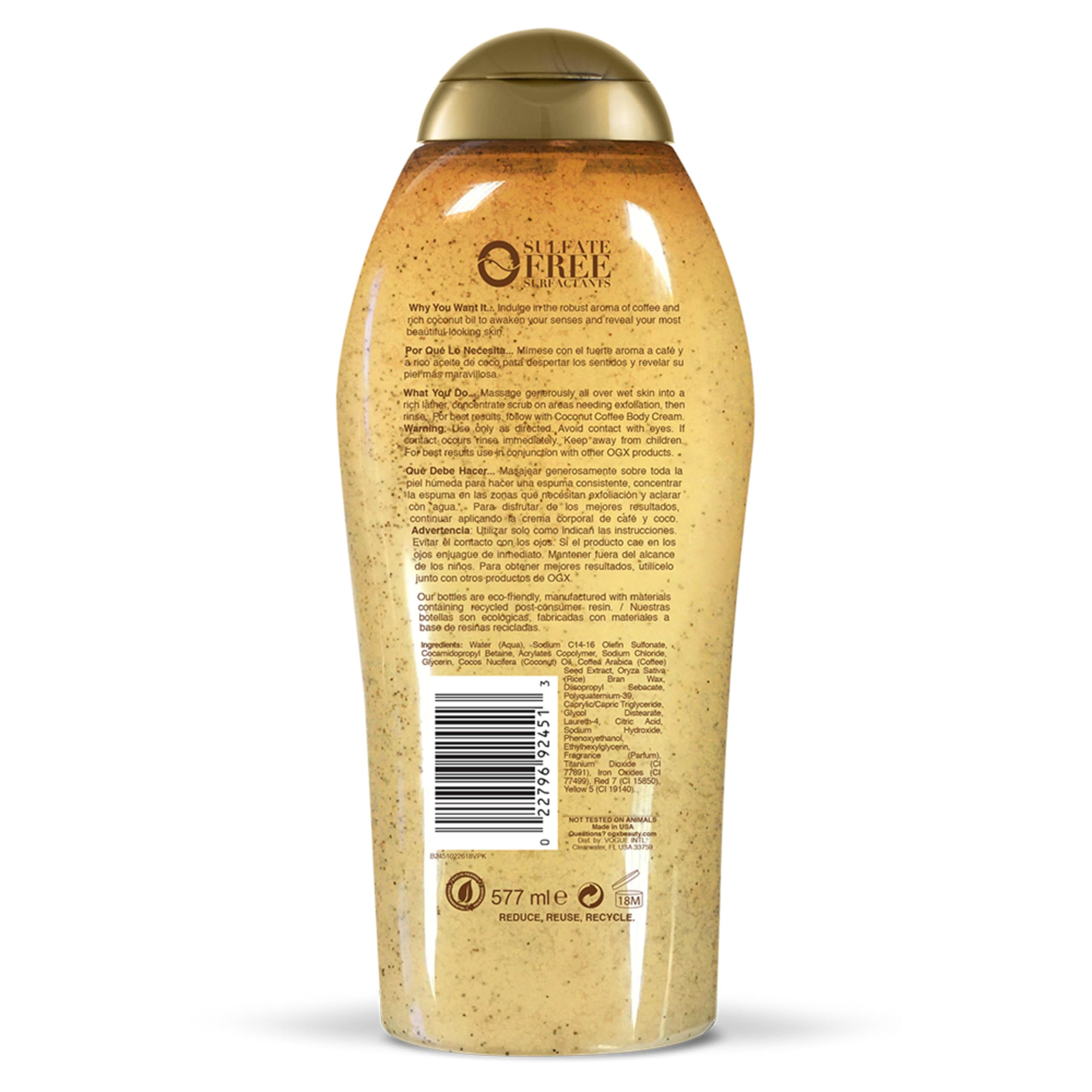 OGX Smoothing Coconut Coffee Scrub packaging close-up highlighting easy daily use.