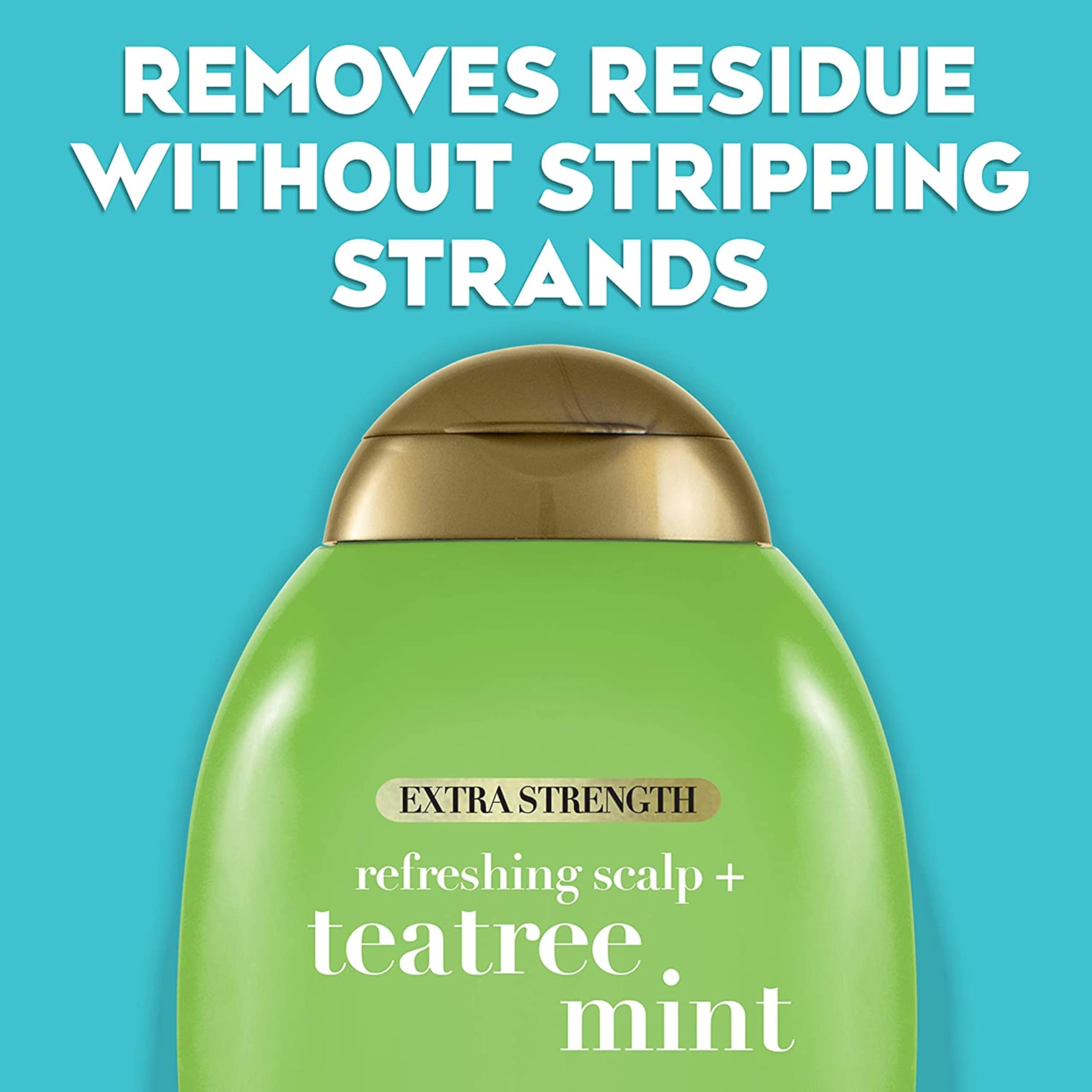 OGX Teatree Mint Shampoo bottle label detail notes paraben- and sulfate-free formula.