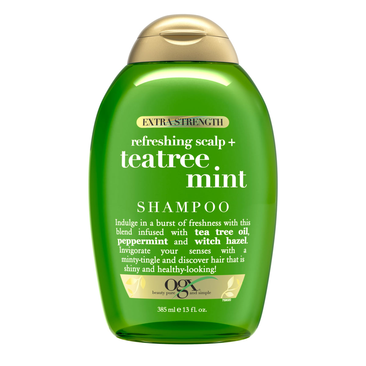OGX Teatree Mint Shampoo bottle pours for a refreshing scalp cleanse.