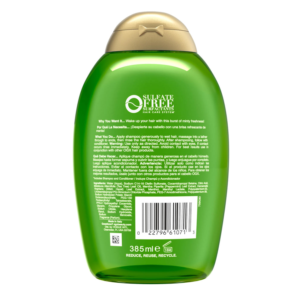 OGX Teatree Mint Shampoo packaging shown for all moisture types.