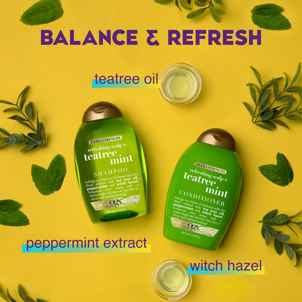 OGX Teatree Mint Shampoo scent swirls evoke tea tree and peppermint aroma.