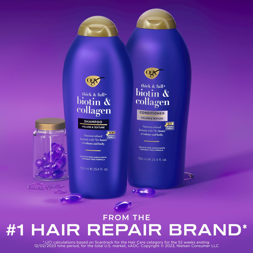 OGX Thick & Full Biotin & Collagen conditioner bottle pour adds fullness