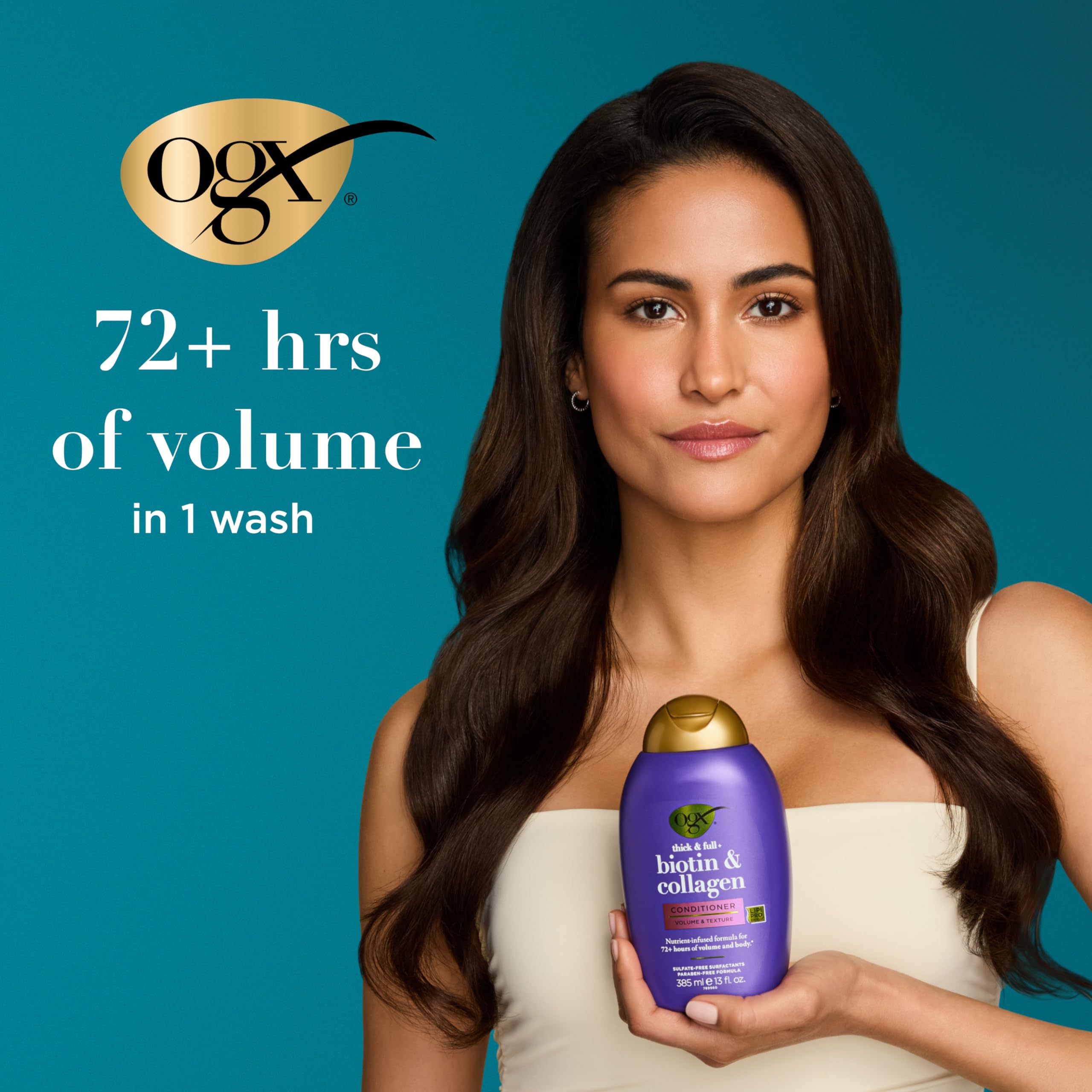 OGX Thick and Full Biotin and Collagen conditioner cap close-up for precise application