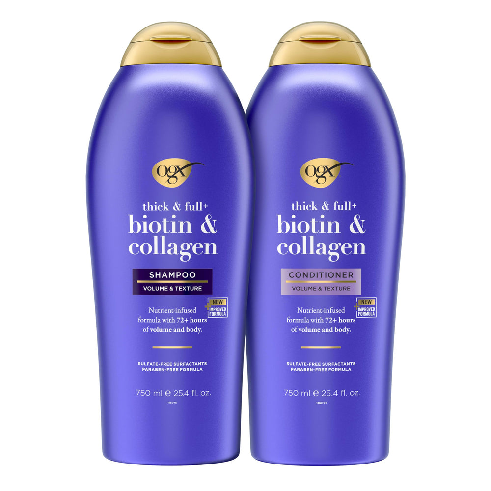 OGX Thick & Full Biotin & Collagen shampoo bottle pour boosts volume for flat hair