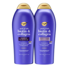 OGX Thick & Full Biotin & Collagen shampoo bottle pour boosts volume for flat hair