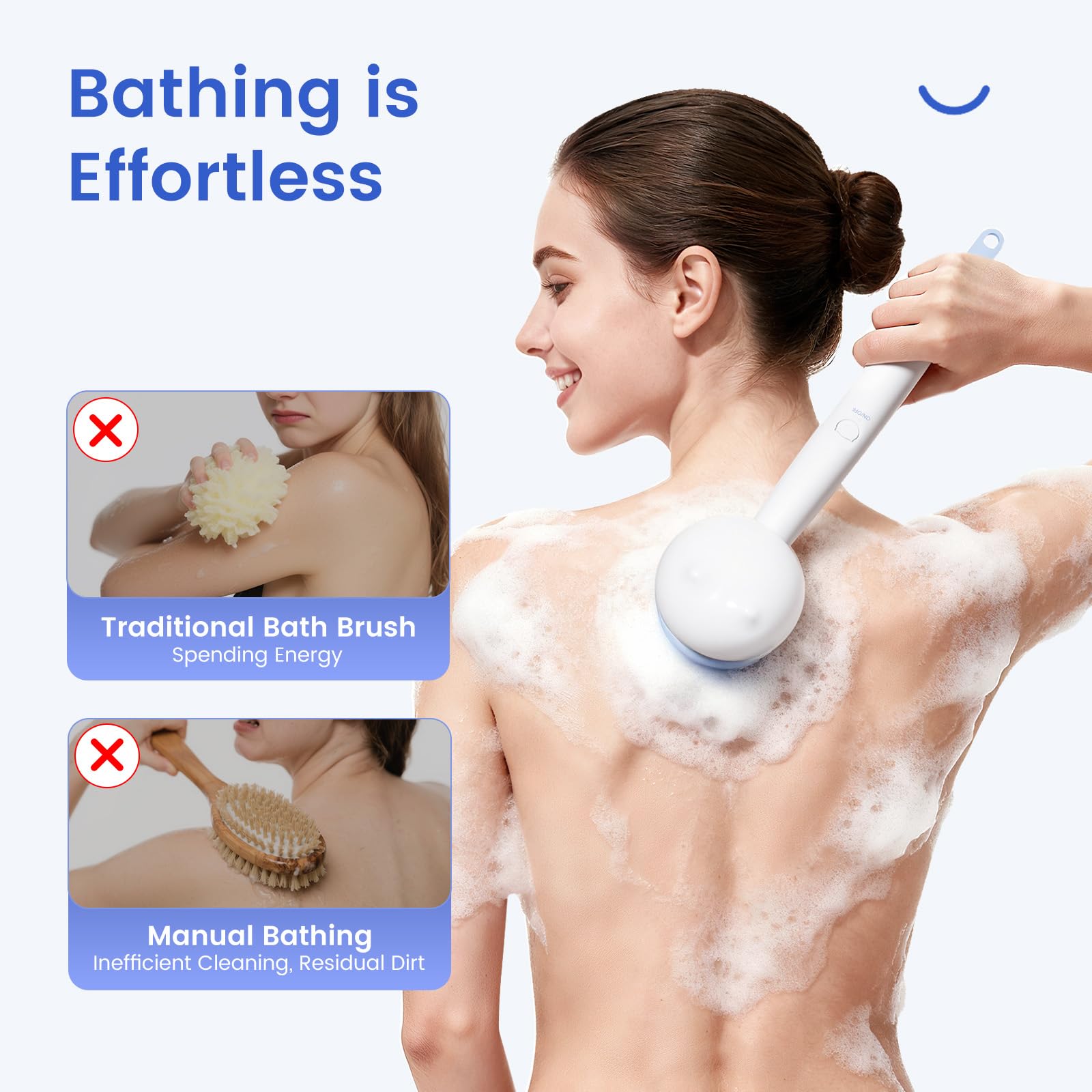 Oh,XIYU back scrubber shows dual-head design for deep cleansing and lotion application.