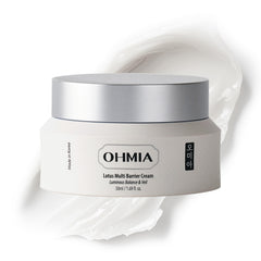 OHMIA Lotus Multi Barrier Cream packaging highlights fragrance-free formula for sensitive skin.