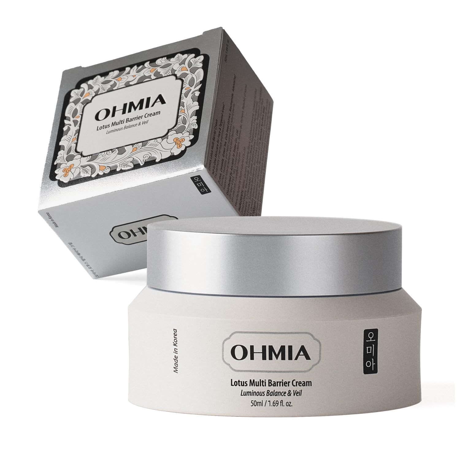 OHMIA Lotus Multi Barrier Cream texture close-up shows velvety, fast absorbing finish.