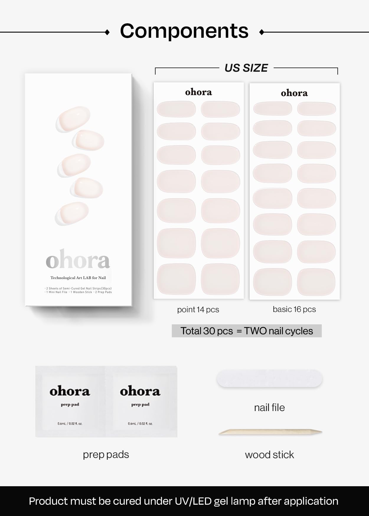 Ohora uñas semi-curadas con capa superior impermeable; duración estimada de dos semanas.