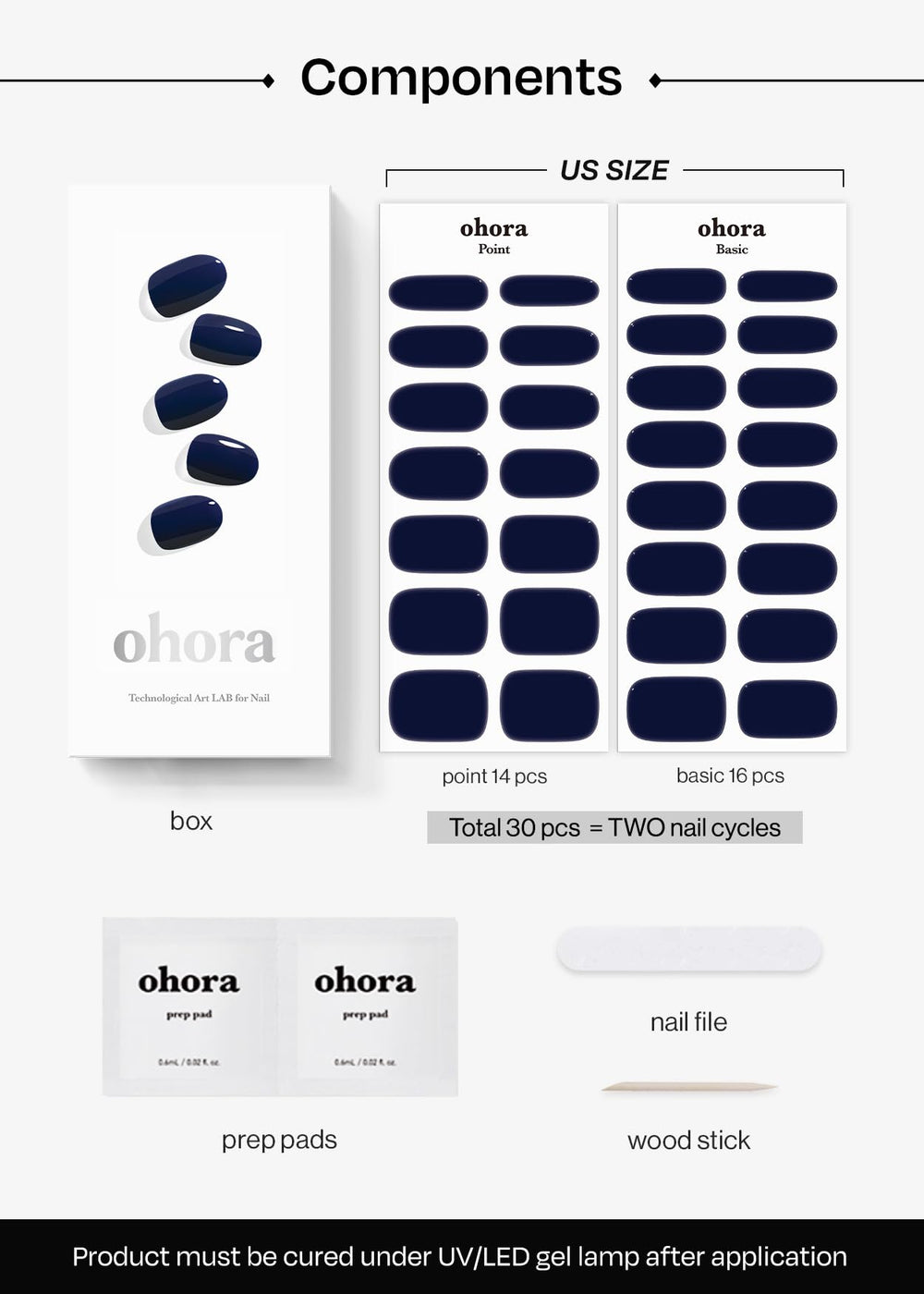 ohora gel semi-curado n royal navy contenido del pack y accesorios