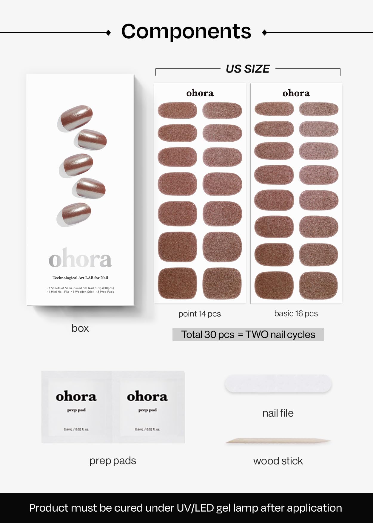Ohora N Chocolate Chrome wraps shown on various nail sizes for perfect fit.