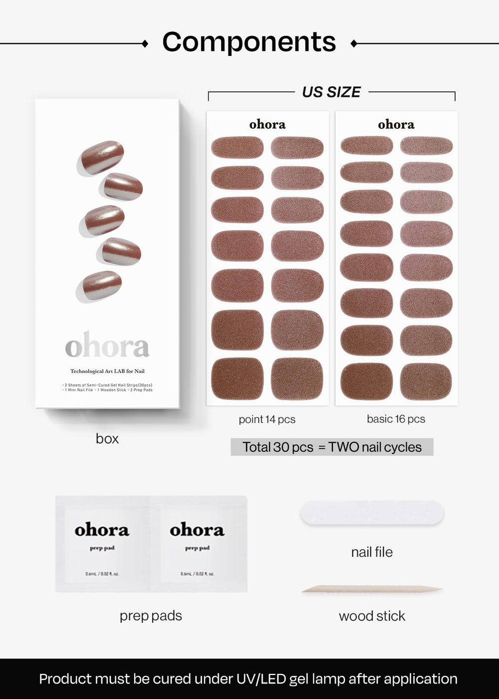 Ohora N Chocolate Chrome wraps shown on various nail sizes for perfect fit.