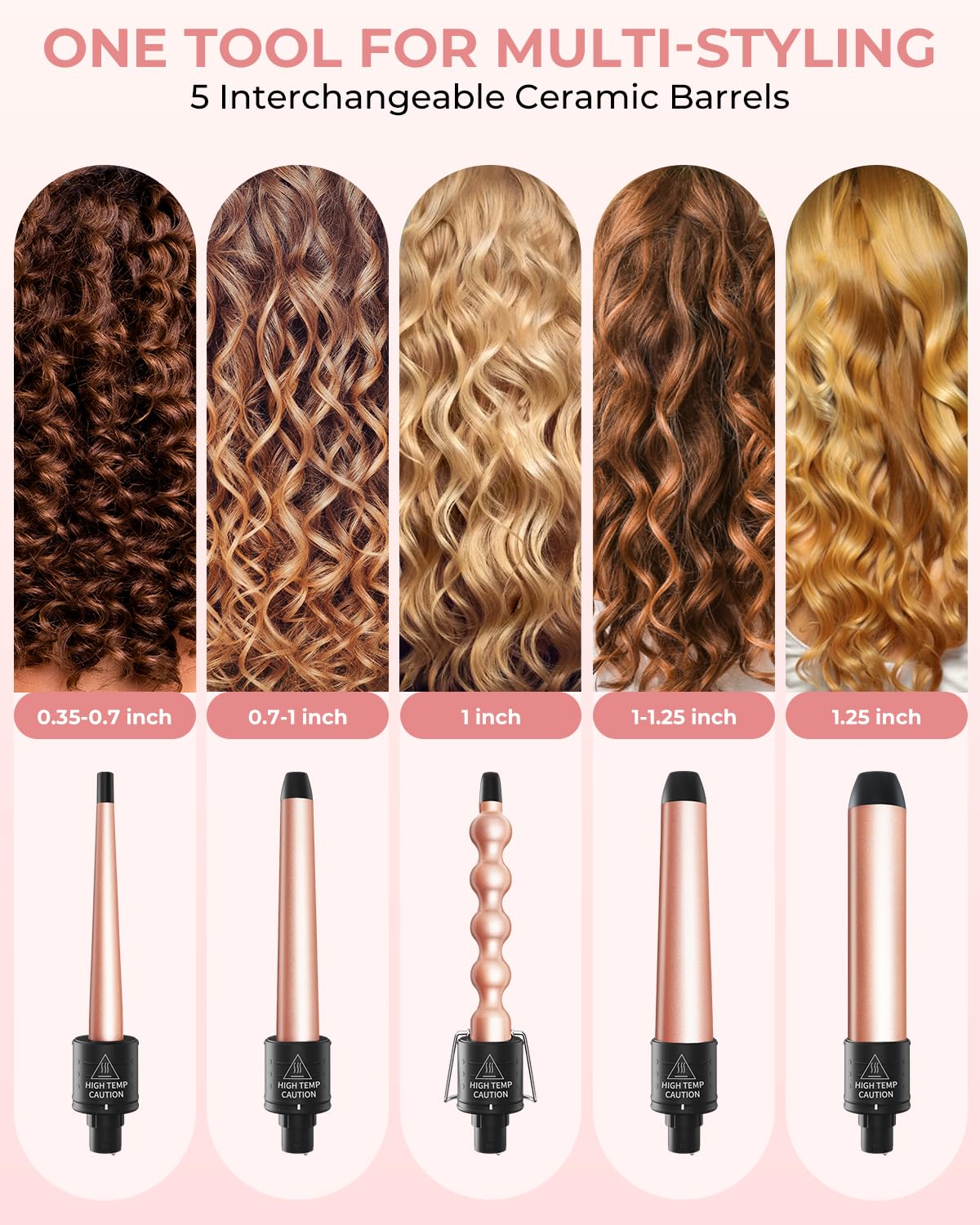 Ohuhu ceramic barrels 0-35 to 0-7 inch for fine-to-medium hair waves.
