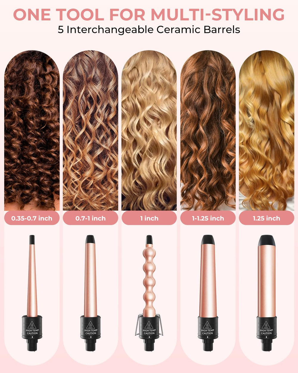 Ohuhu ceramic barrels 0-35 to 0-7 inch for fine-to-medium hair waves.