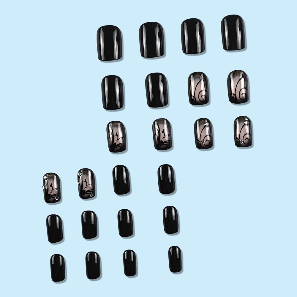 OHWODA uñas negro corto cuadrado, acabado brillo que destaca