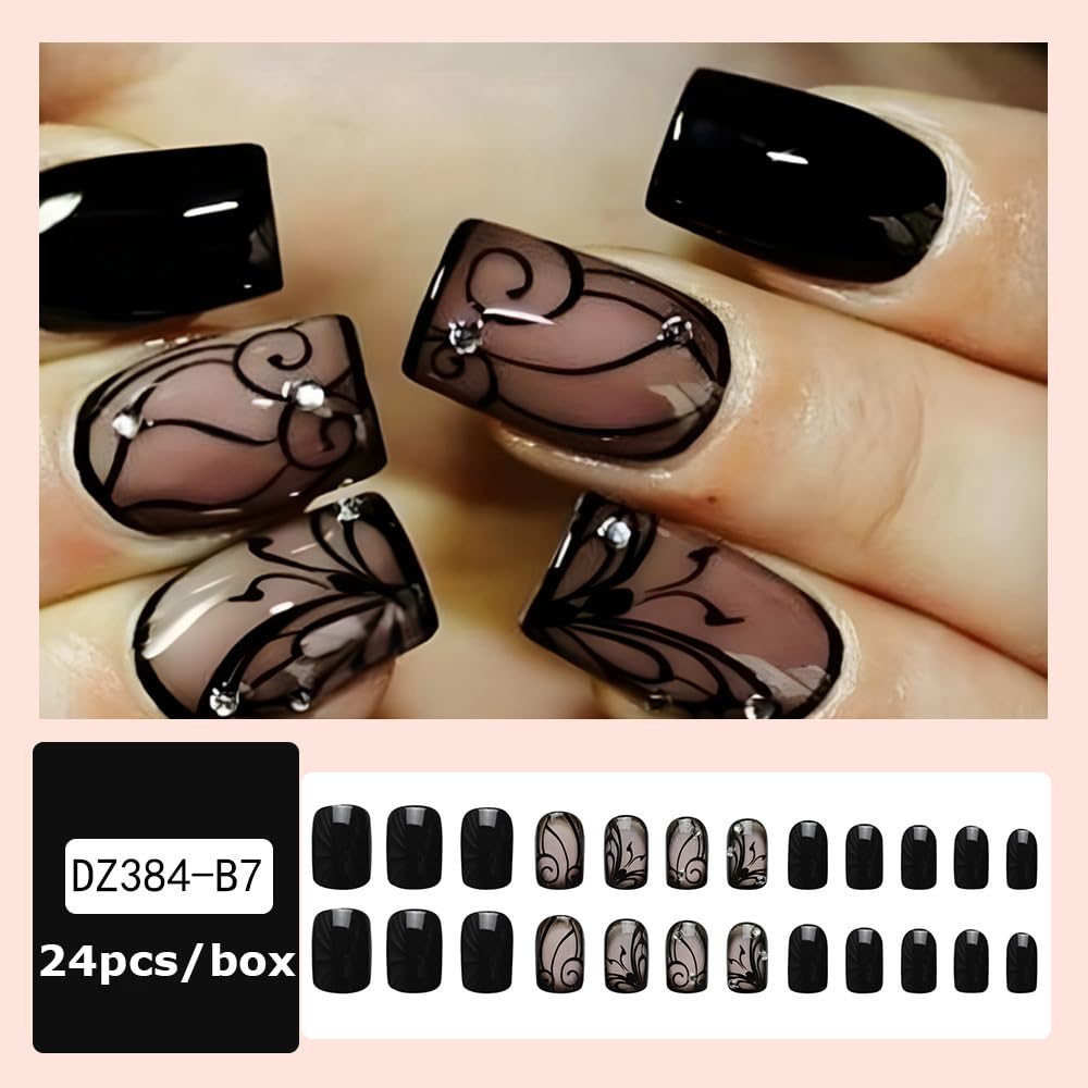 OHWODA uñas negro corto cuadrado, kit con accesorios y lima
