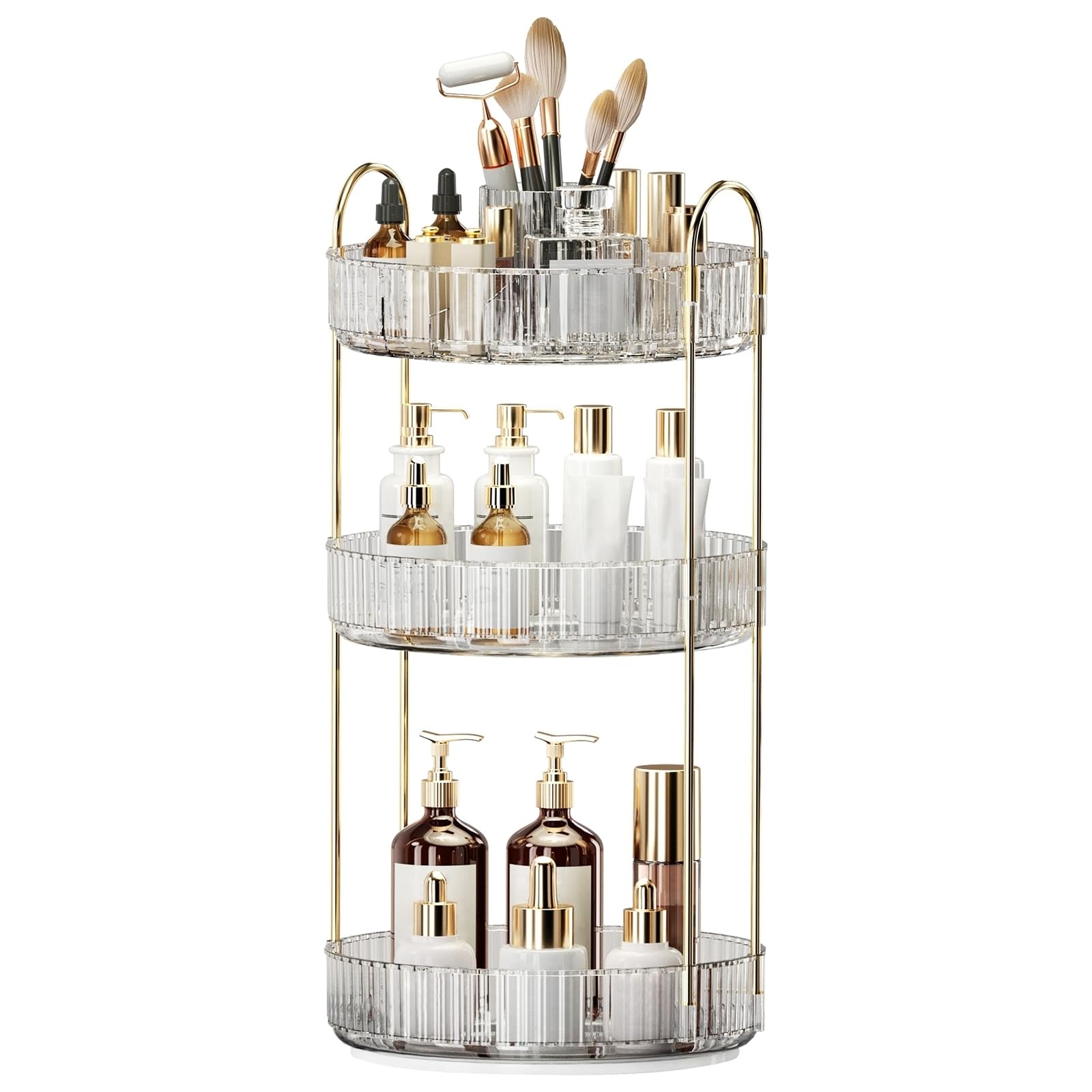 Oifecsie 360° rotation makeup organizer top layer with brush compartments keeps brushes neatly separated