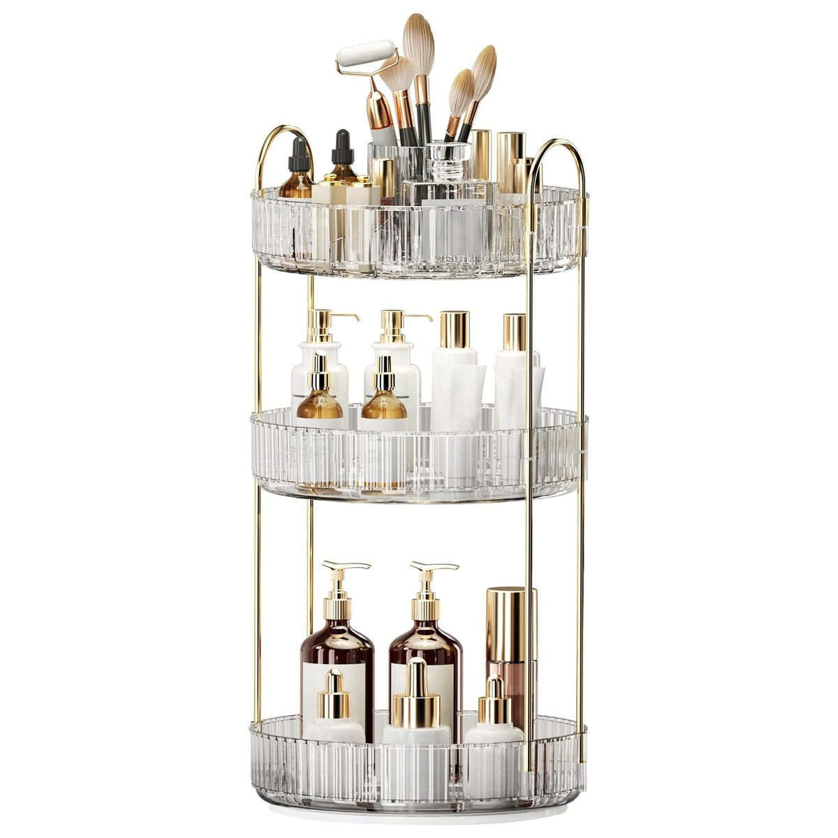 Oifecsie 360° rotation makeup organizer top layer with brush compartments keeps brushes neatly separated