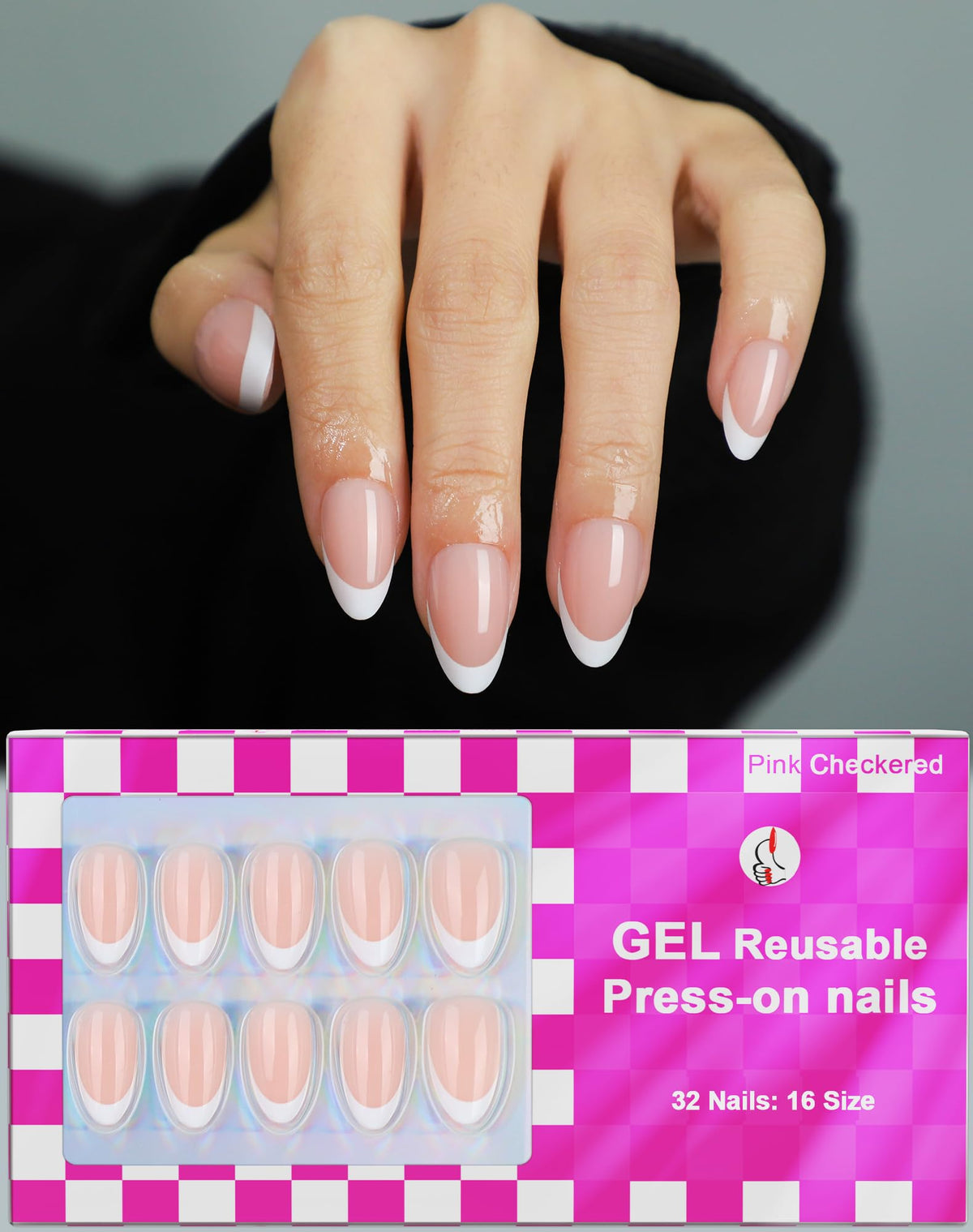 Uñas postizas de gel OIFEN estilo francés almendra corto, acabado brillante para uso diario.