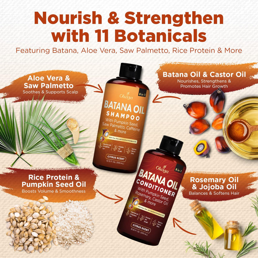 Okaga Batana Oil Conditioner bottle demonstrates light hydration for soft hair.