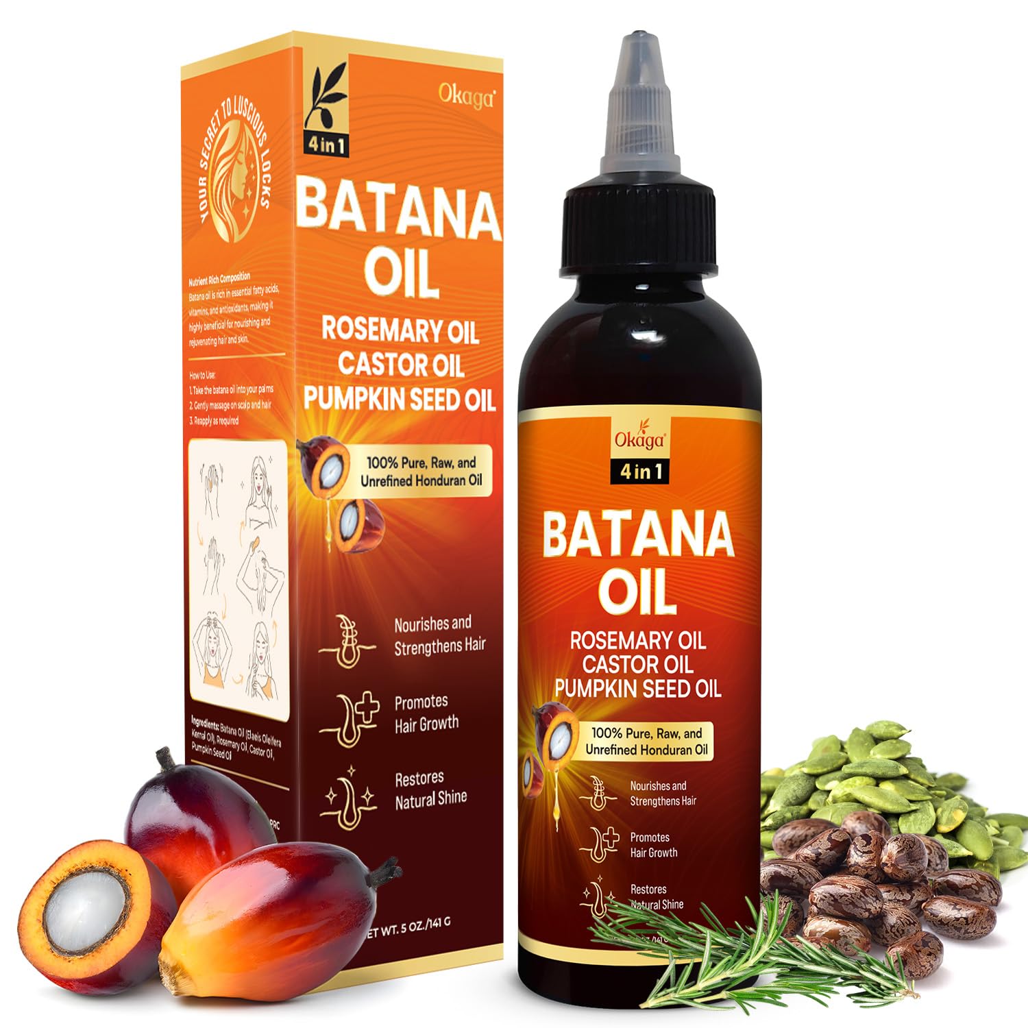 Okaga Batana Oil bottle with rosemary blend for scalp nourishment.