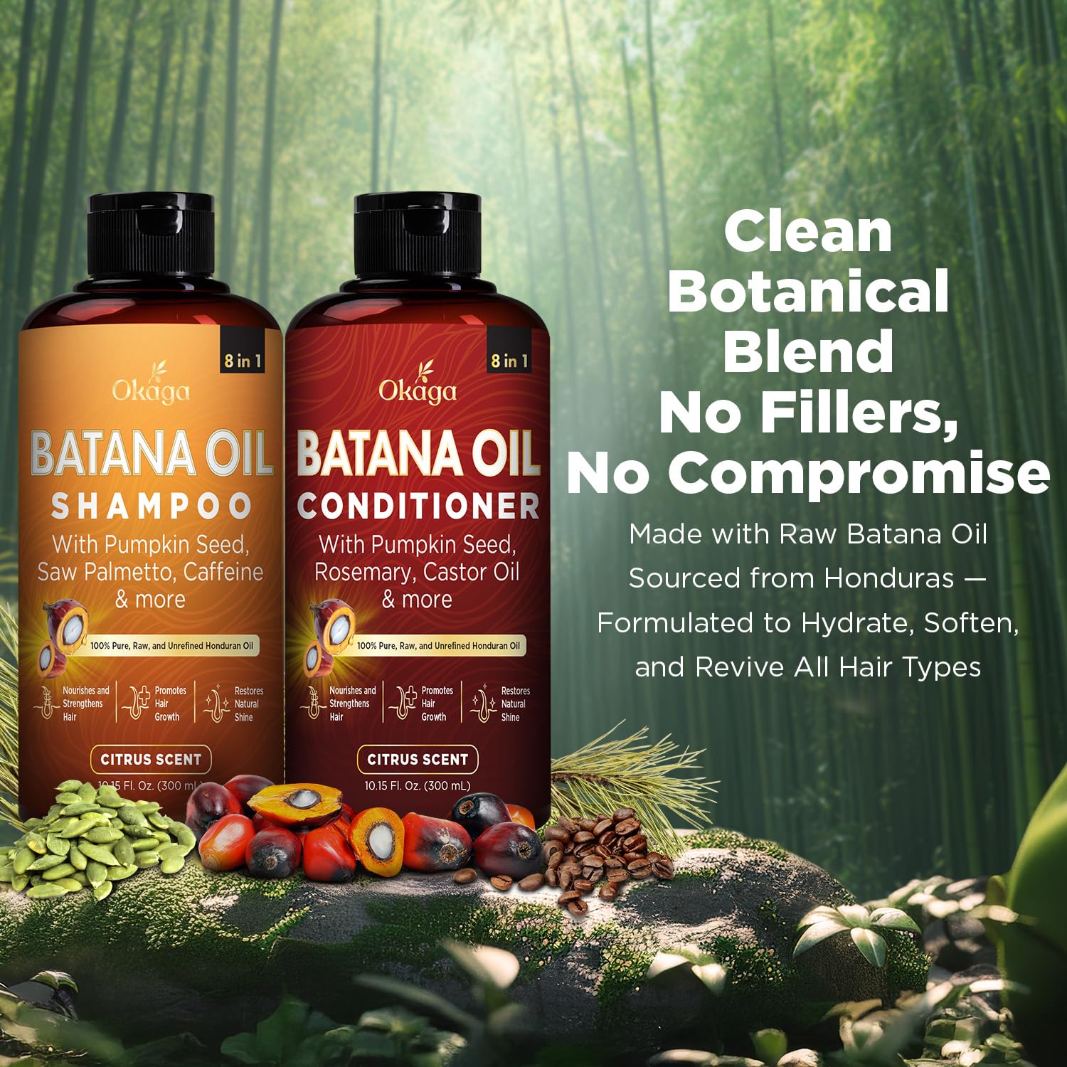 Okaga Batana Oil Shampoo pour close-up highlighting smooth, sulfate-free lather.