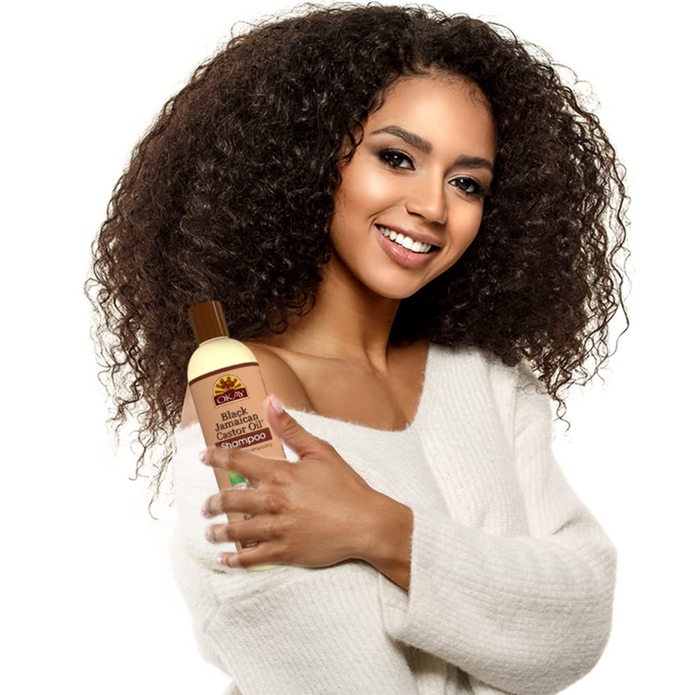 OKAY 12 oz bottle and conditioner on shelf suggests easy daily routine