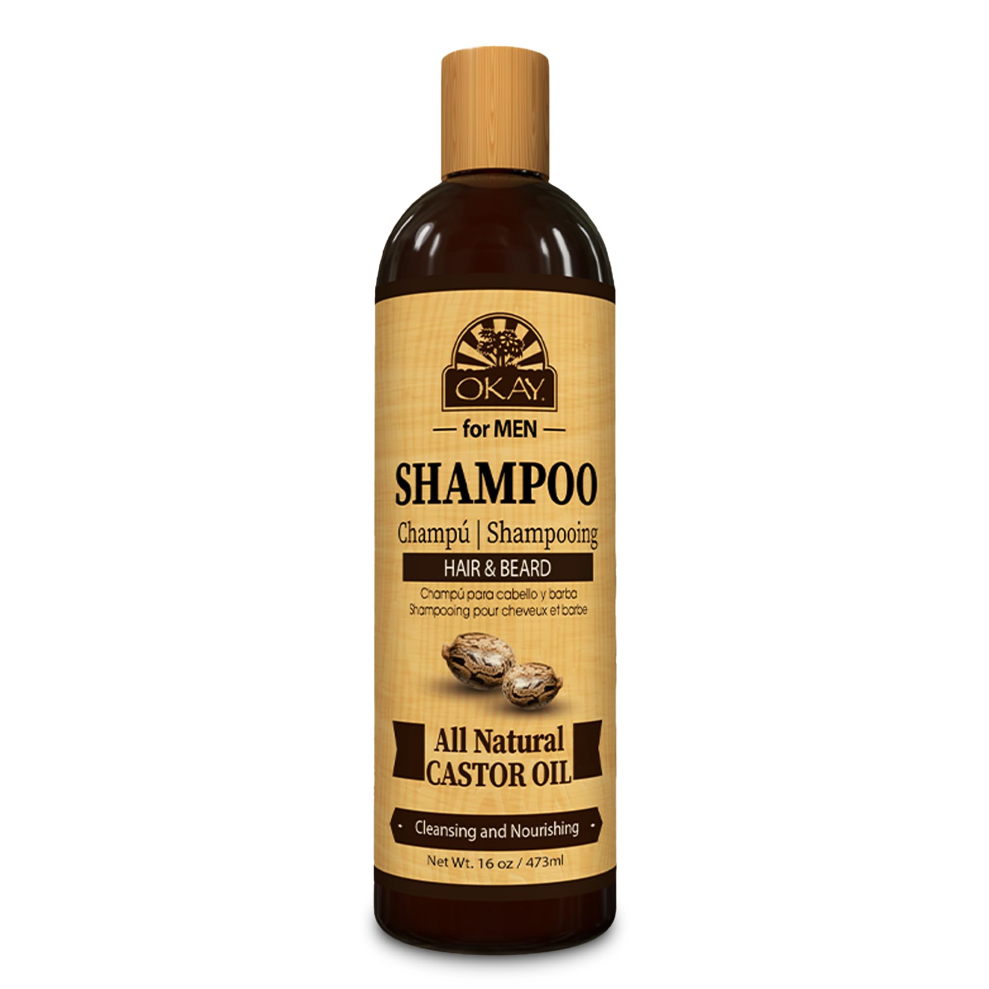 OKAY for MEN castor oil shampoo bottle for daily cleanse of hair and beard.