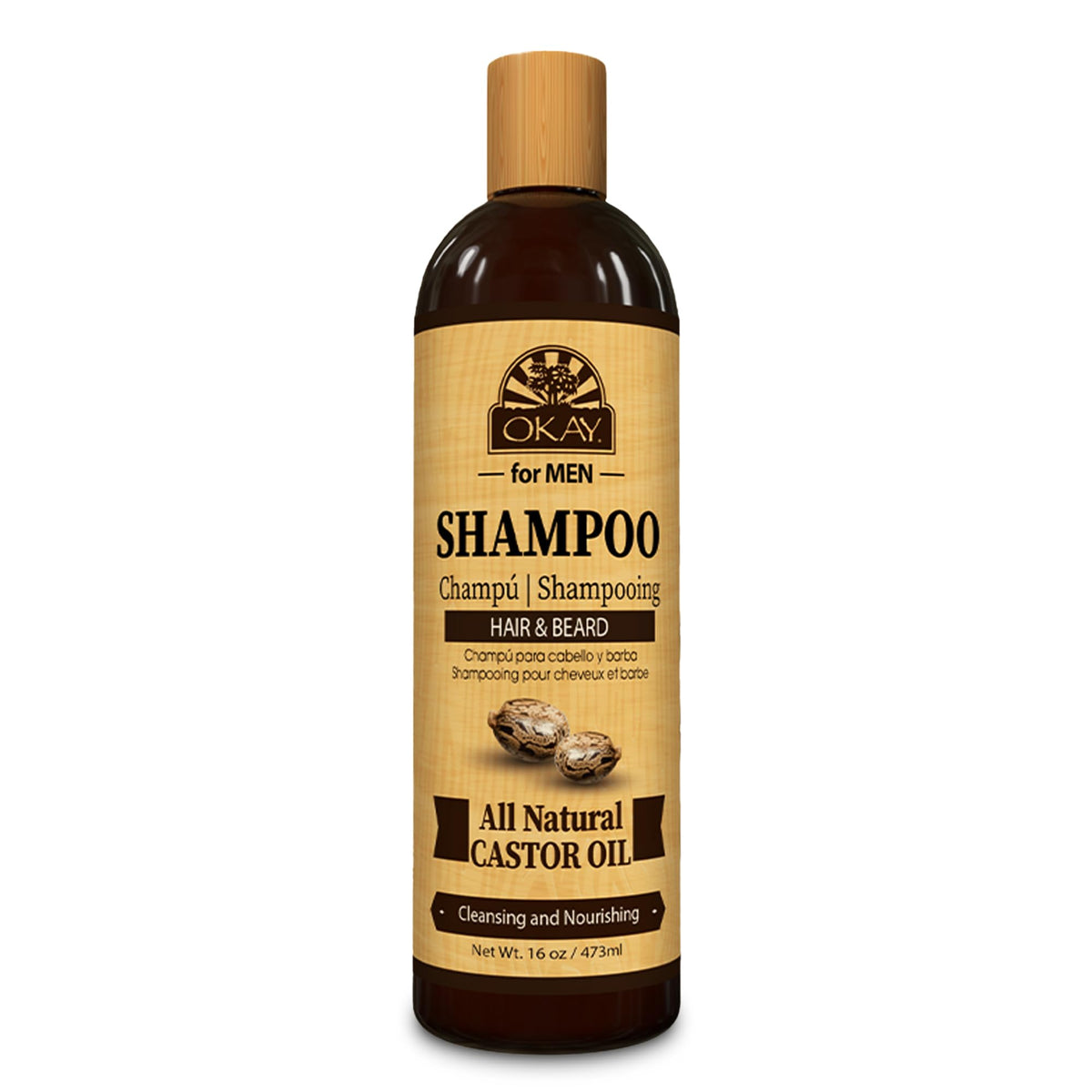 OKAY for MEN castor oil shampoo bottle for daily cleanse of hair and beard.