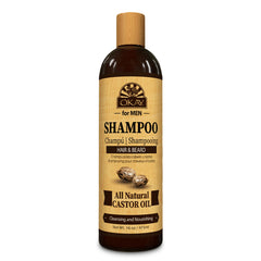 OKAY for MEN castor oil shampoo bottle for daily cleanse of hair and beard.