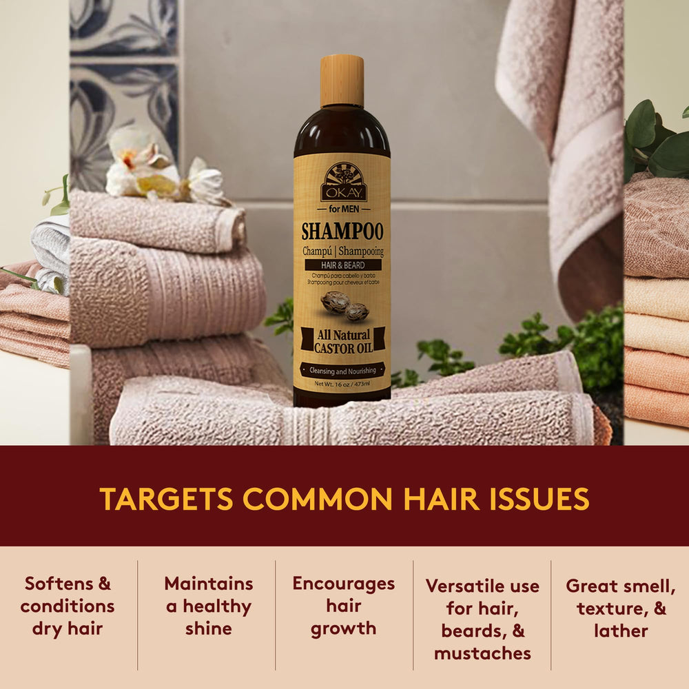 OKAY for MEN castor oil shampoo gloss shot showing healthier-looking hair shine.