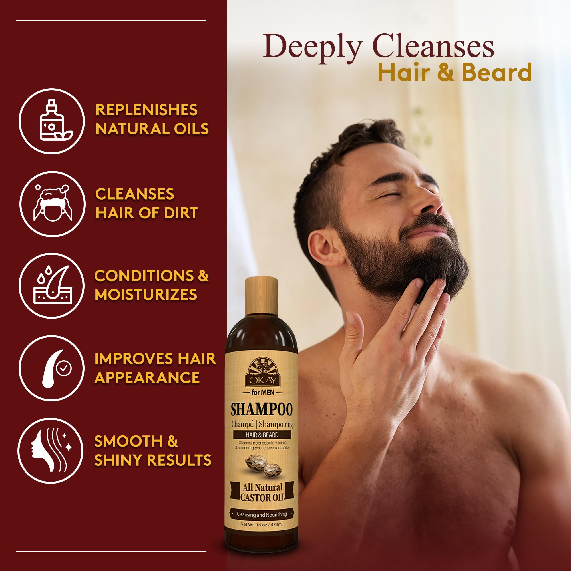 OKAY for MEN castor oil shampoo lather with rich foam for thorough cleansing.