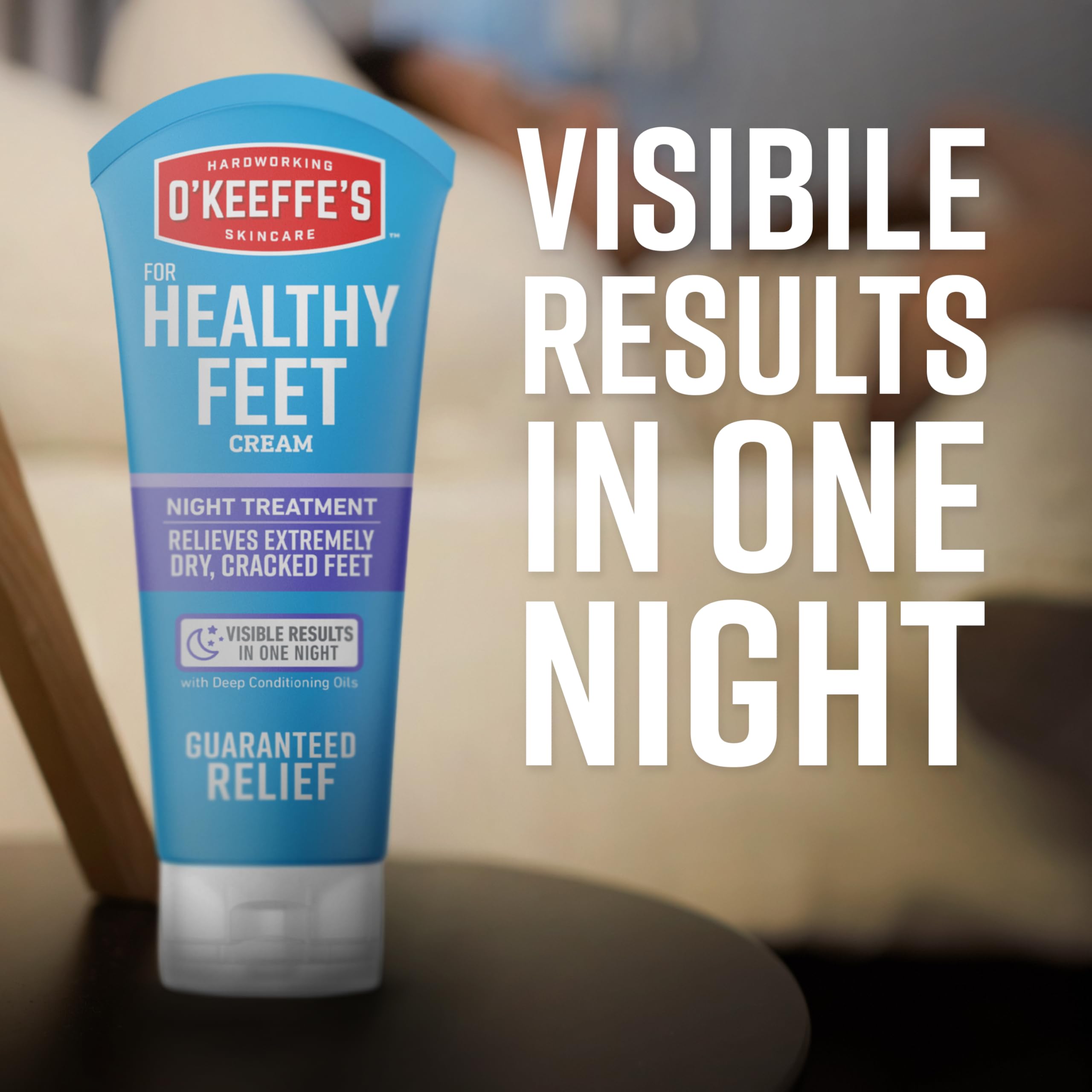 Front packaging of O'Keeffe's Night Treatment for healthy feet.