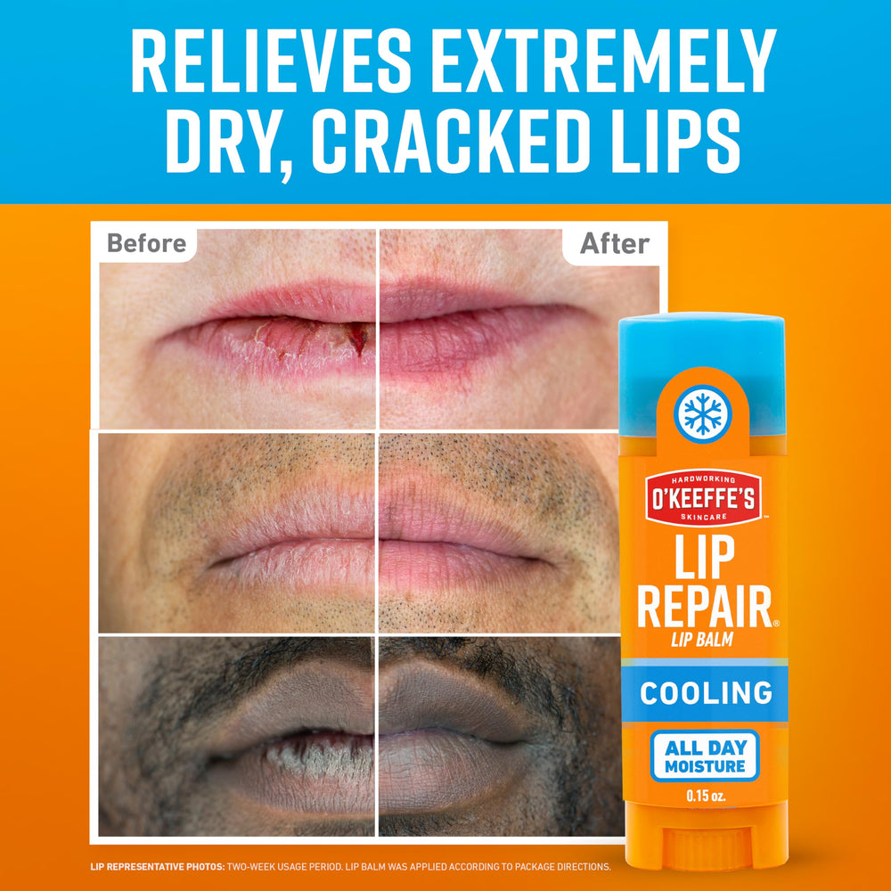 Close-up applying O'Keeffe's Lip Repair stick for immediate relief