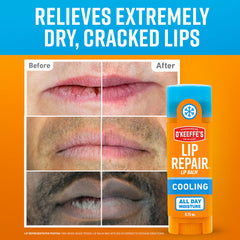 Close-up applying O'Keeffe's Lip Repair stick for immediate relief