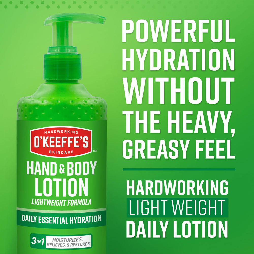 O'Keeffe's hand and body lotion with silky texture for quick absorption.