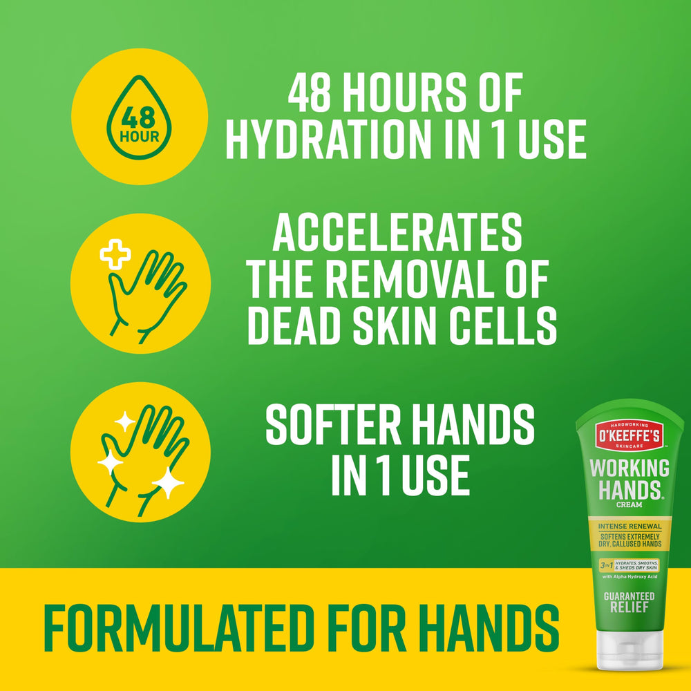O'Keeffe's Working Hands exfolia suavemente con alfa-hidroxi y manteca de karite.