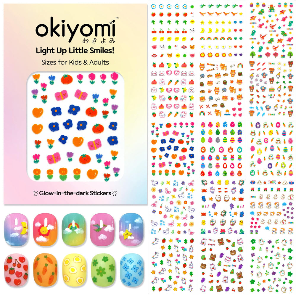 Okiyomi kids pack shot nail stickers for quick, colorful nail art on small nails.