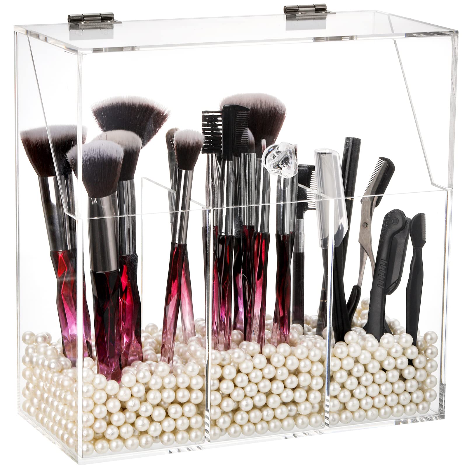 Okllen makeup brush holder with dustproof lid keeps brushes protected and organized.